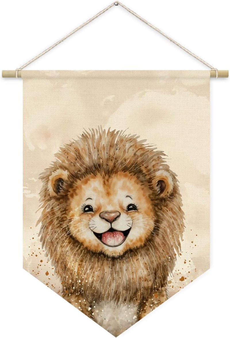 ETVISO Safari Nursery Decor, Baby Lion Cute Wall Art,Kids room Canvas Banner, Woodland Nursery Decor, Watercolor Animal Lion for Living Room Bedroom Kids Room, Hanging Pennant Flag Banner 15x11in - Image 1